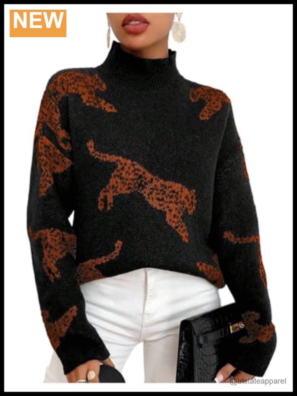 Women's Leopard Print Fuzzy Knit Pullover Sweater High Neck Long Sleeve